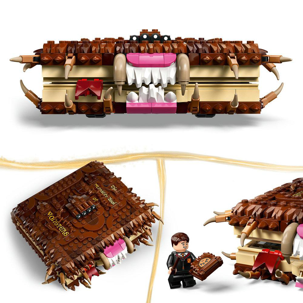 Drei Lego-Sets eines Monsterbuches. Das Buch ist braun mit Zähnen und Krallen. Eine Figur steht daneben.