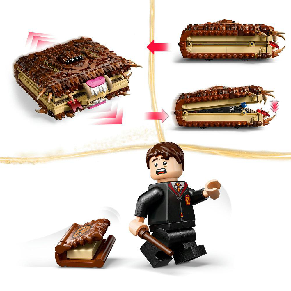 Ein Lego-Set eines Monsterbuches. Es ist braun mit Zähnen und Krallen. Eine Figur sieht verängstigt aus.