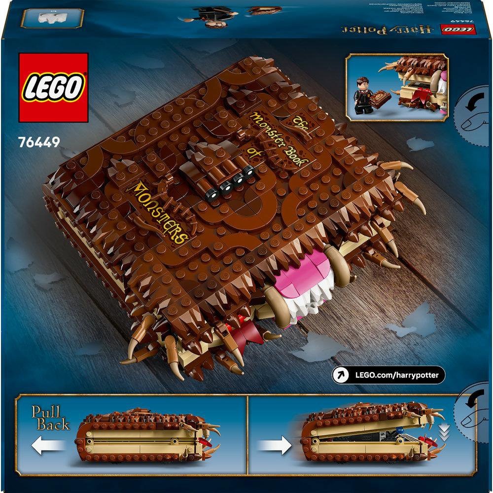 Rückseite der Lego-Set-Box eines Monsterbuches. Das Buch hat Zähne und Krallen. Es zeigt das Öffnen des Buches.