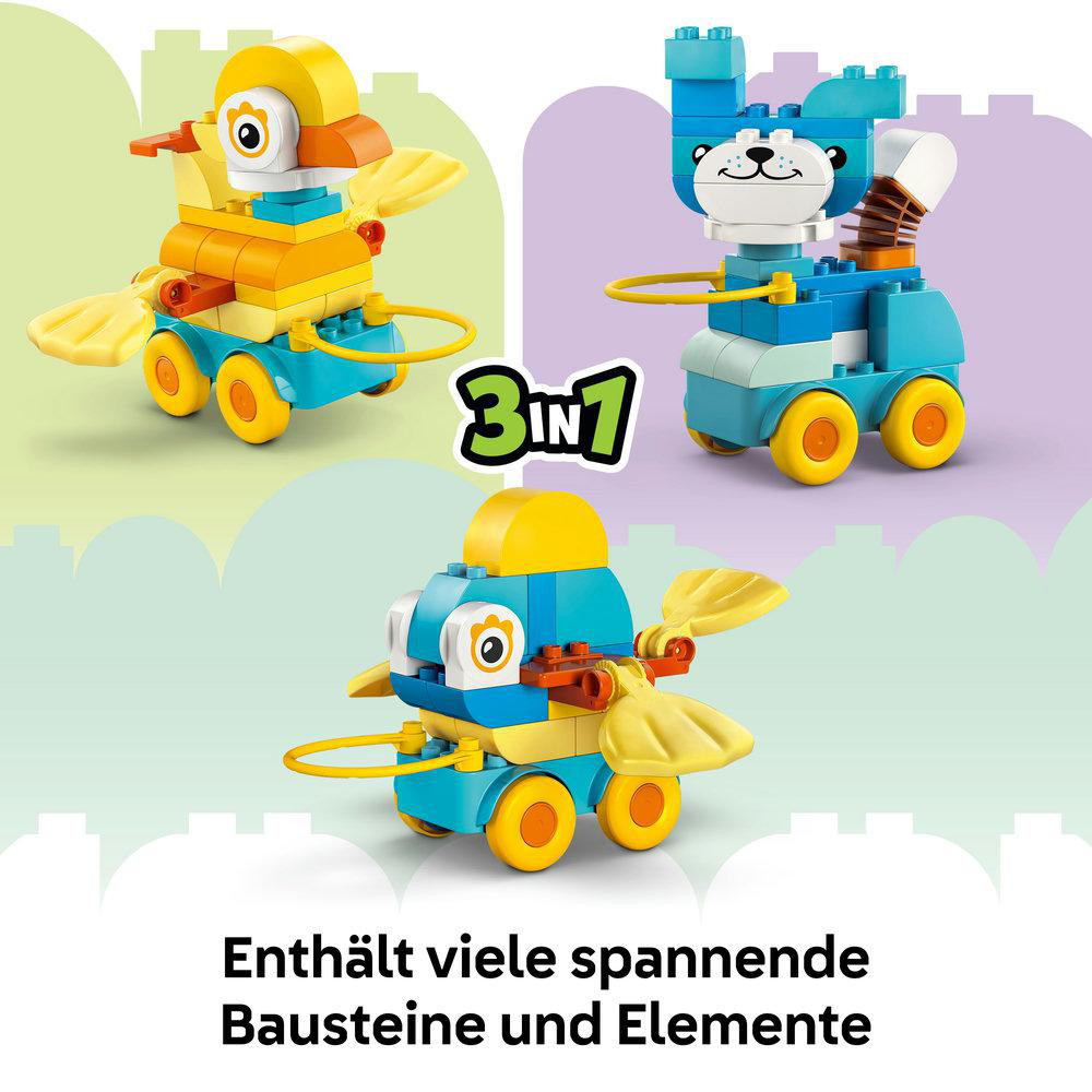 Drei Lego Duplo Tier Spielzeuge. Enten-, Hasen- und Vogelspielzeug, alle mit Rädern.