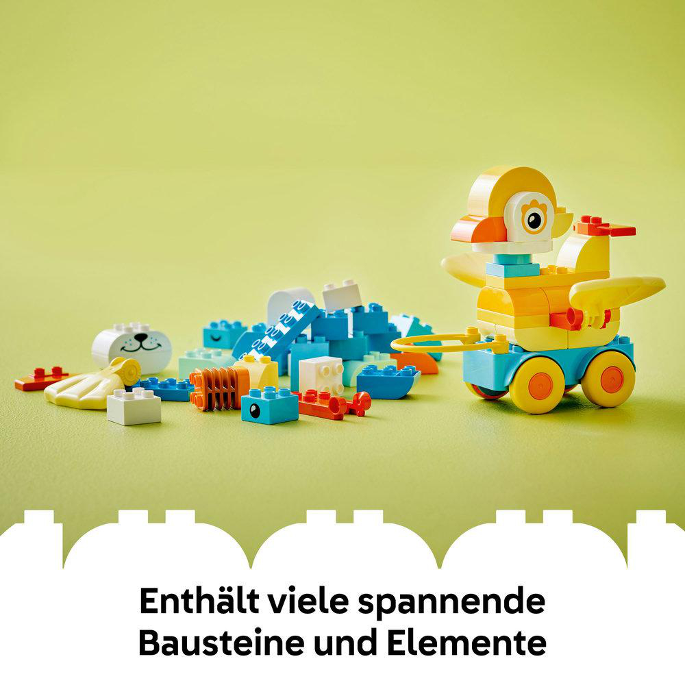 Lego Duplo-Blöcke auf einer grünen Oberfläche verstreut. Entenspielzeug ist gebaut.