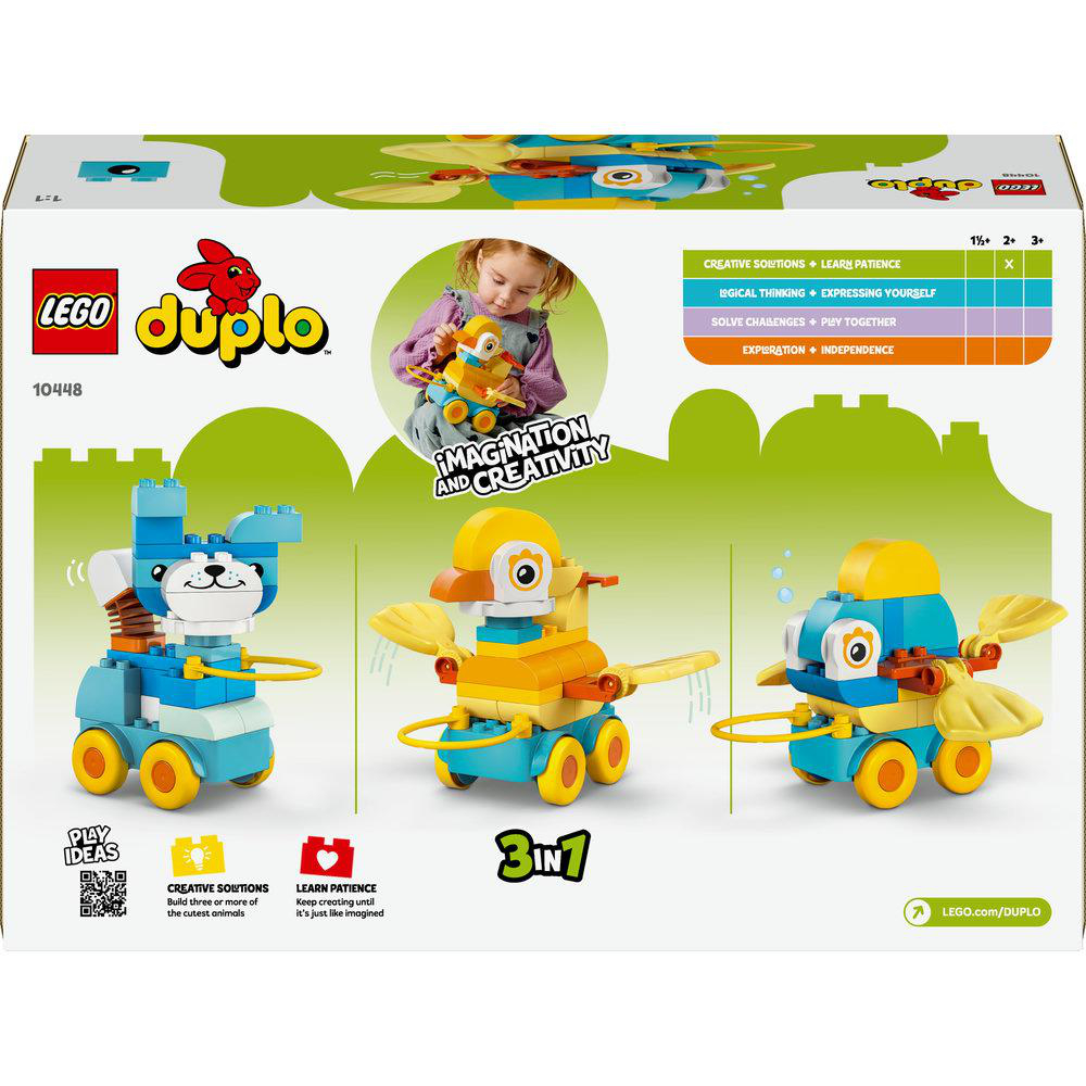 Lego Duplo Set Box mit drei Tier Spielzeugen auf Rädern. Hase, Ente und Vogel.