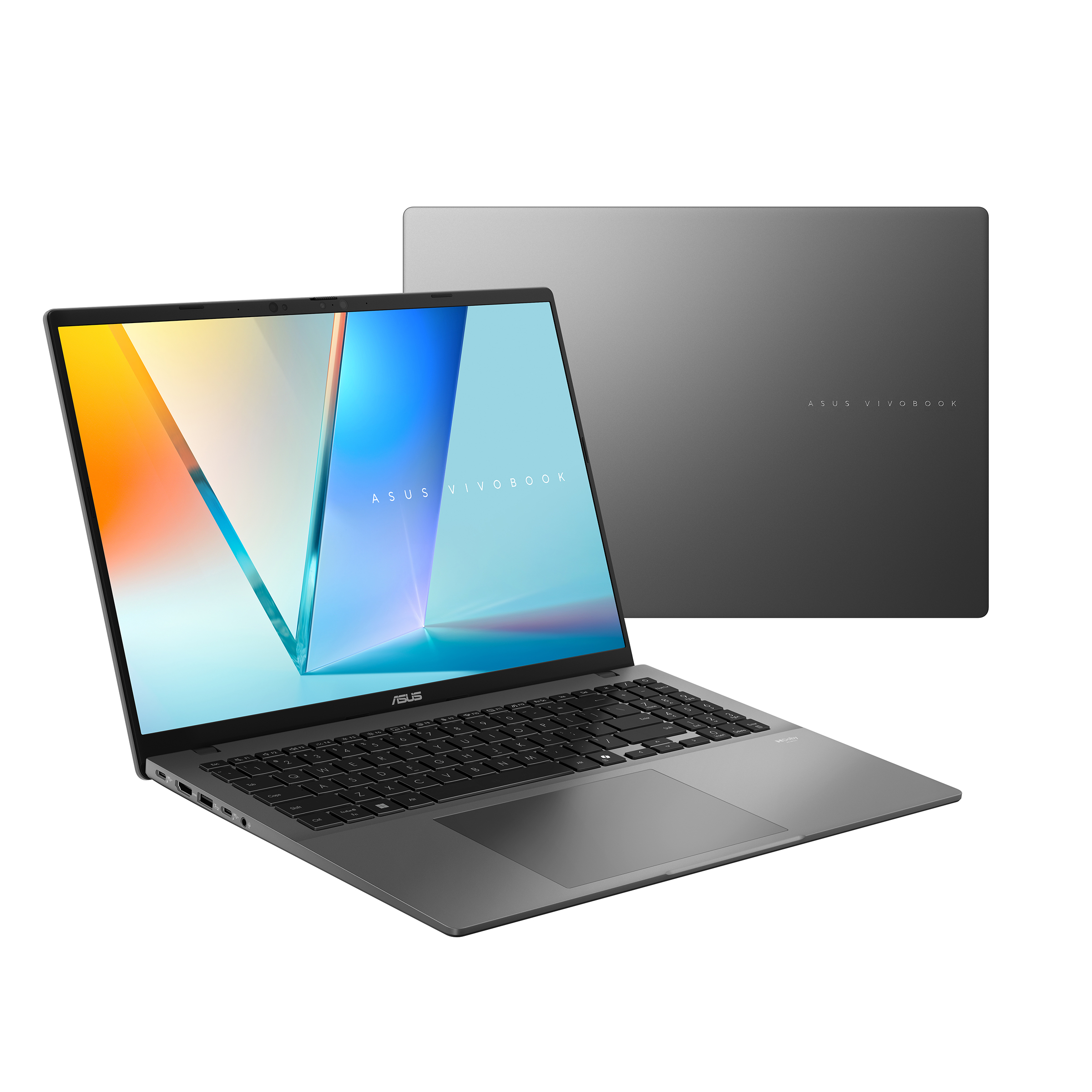 Renkli bir görüntü gösteren bir ekrana sahip gri bir dizüstü bilgisayar ve arkasında başka bir tane. Marka: ASUS VIVOBOOK.