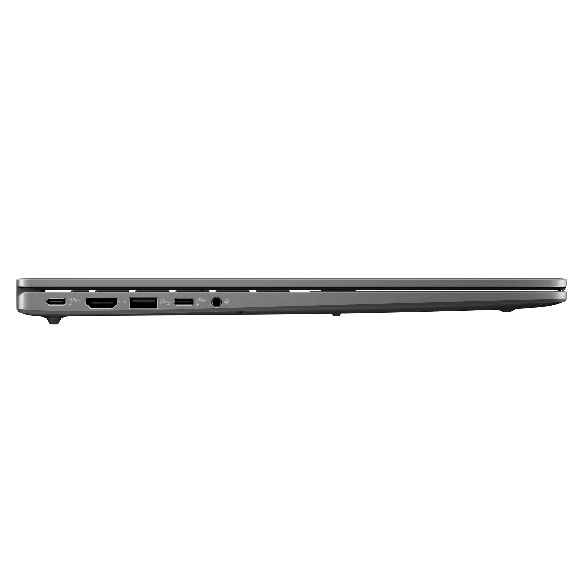 Gri bir dizüstü bilgisayar, yan görünüm, bağlantı noktaları görünür. Marka: ASUS VIVOBOOK.