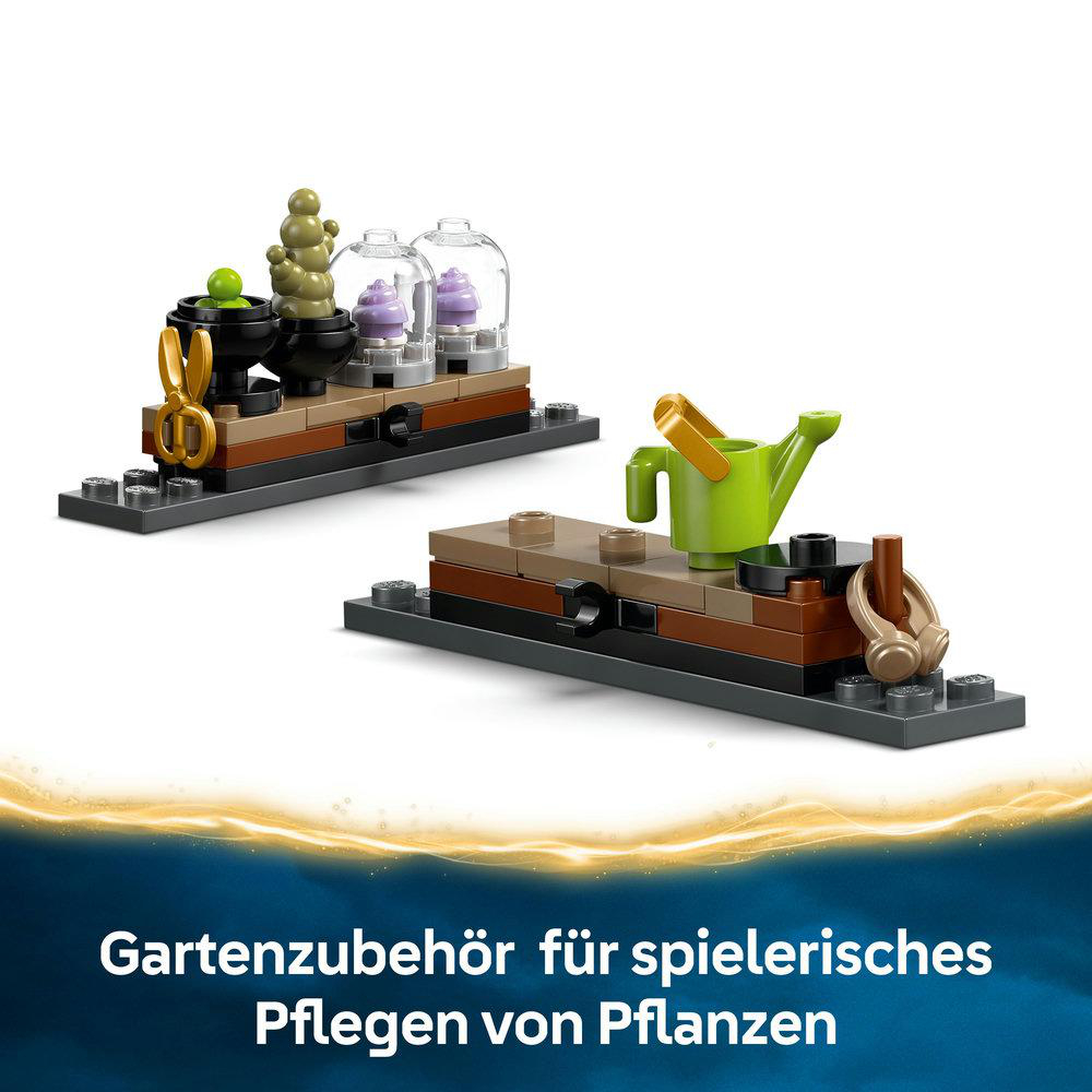 Lego-Set mit Gartengeräten und Pflanzen.