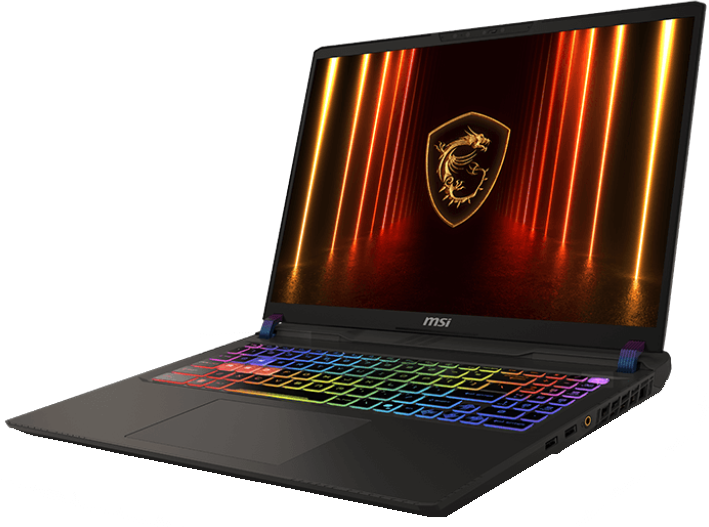 Laptop színes billentyűzettel, szögben, a képernyőt mutatva.