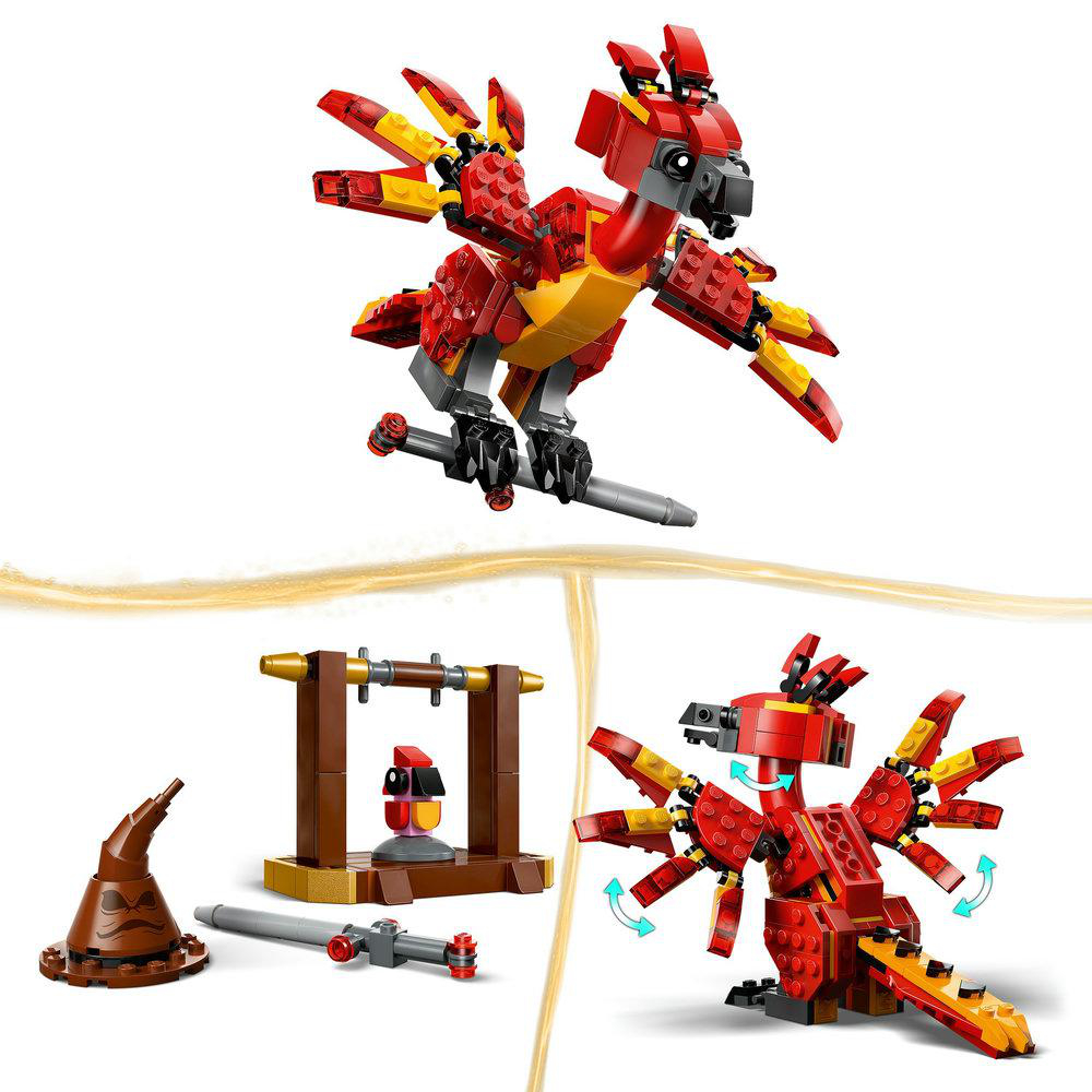 Drei Bilder eines Lego-Vogelmodells, einschließlich Hut, Zauberstab und Ständer.