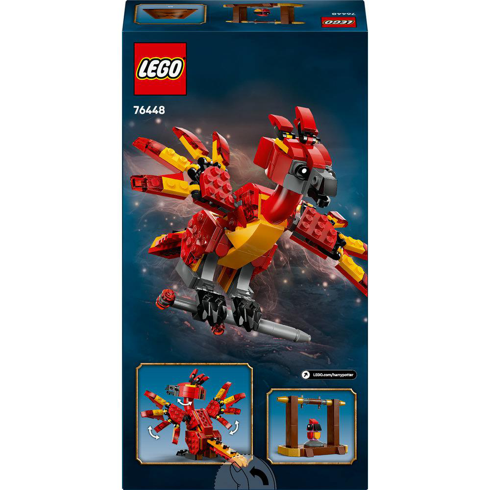 Rückseite der Lego-Box mit Phönix, Schwert und Diagrammen der Teile. 76448 und Lego-Logo.