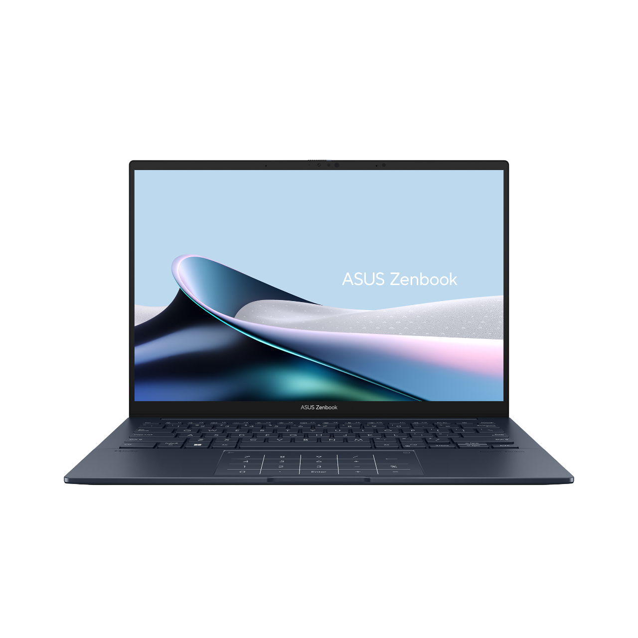 Mavi ASUS Zenbook dizüstü bilgisayar, açık, önden görünüm, ekran açık. Soyut tasarım görüntüler.