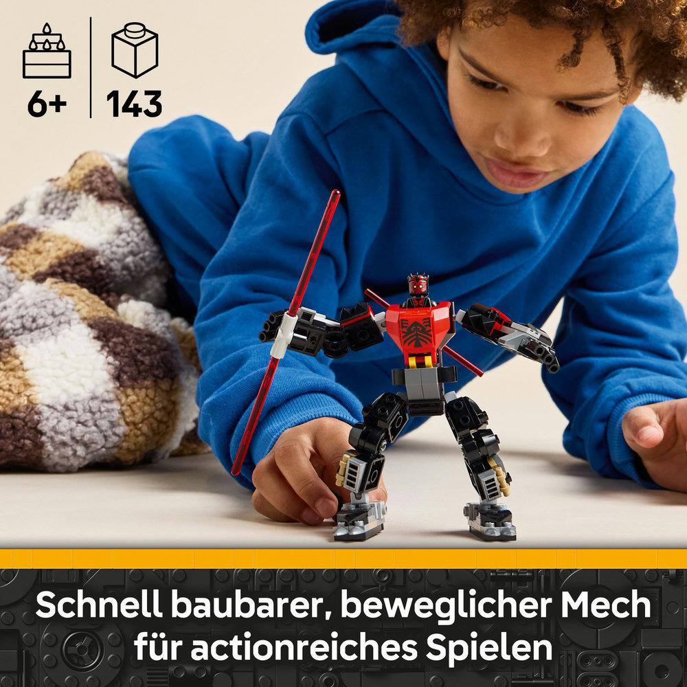 Kind spielt mit rotem und schwarzem Lego Mech. Text: 'Schnell baubarer, beweglicher Mech...'