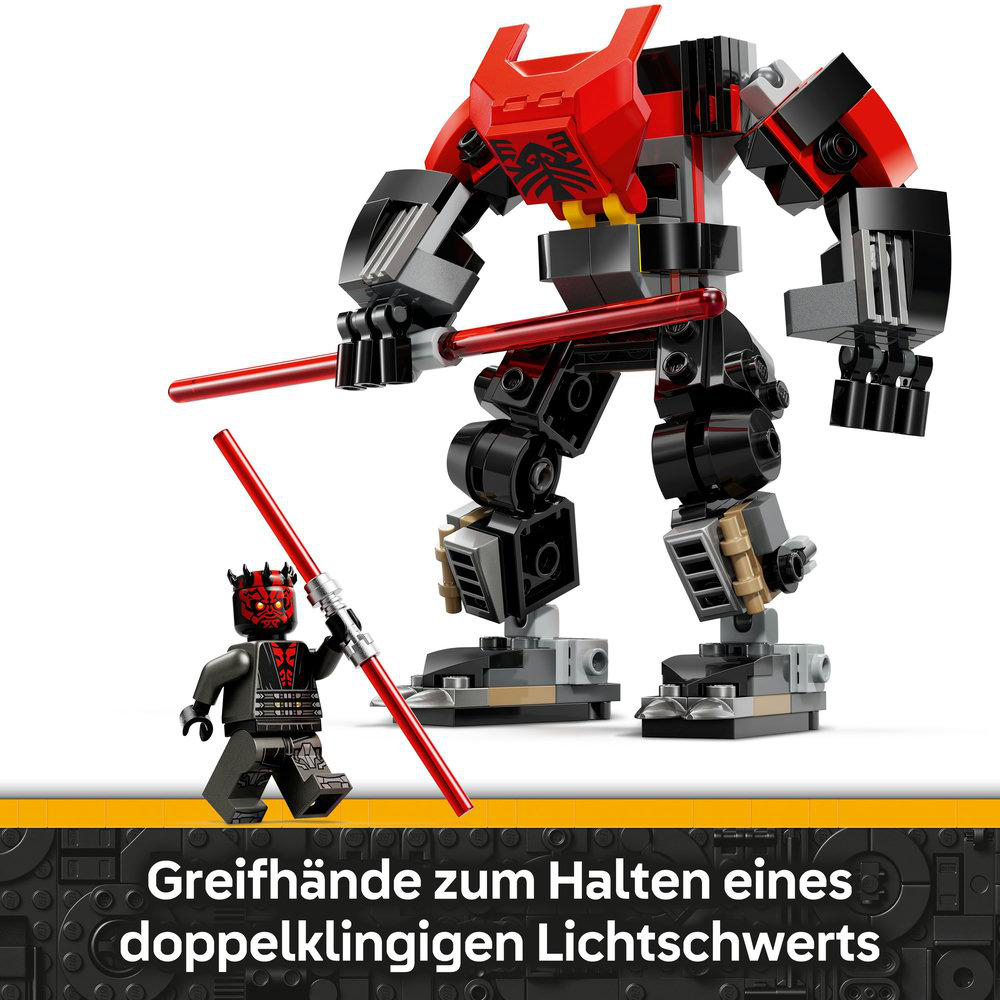 Ein Lego-Mech mit Darth Maul-Figur und Doppelklingen-Lichtschwert. Text: 'Greifhände...'