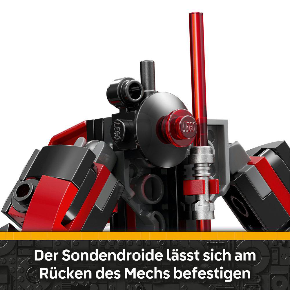 Lego Mech, rot und schwarz, mit rotem Lichtschwertaufsatz. Text: 'Der Sondendroide...'