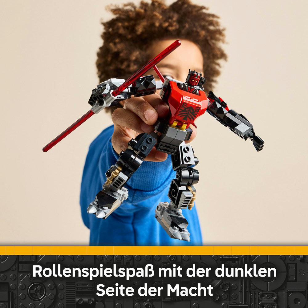 Kind spielt mit Lego Mech mit Lichtschwert. Text: 'Rollenspielspaß mit der dunklen Seite...'