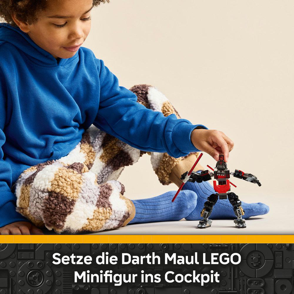 Kind platziert Darth Maul Lego-Figur in Mech-Cockpit. Text: 'Setze die Darth Maul Lego...'