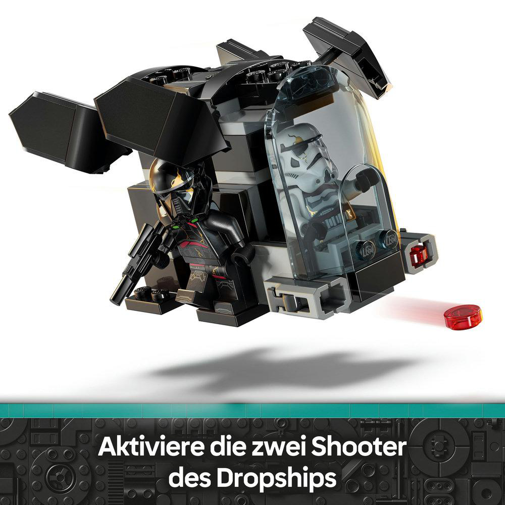 Zwei Star Wars-Minifiguren in einem Transportschiff, mit rotem Knopf und Text unten.