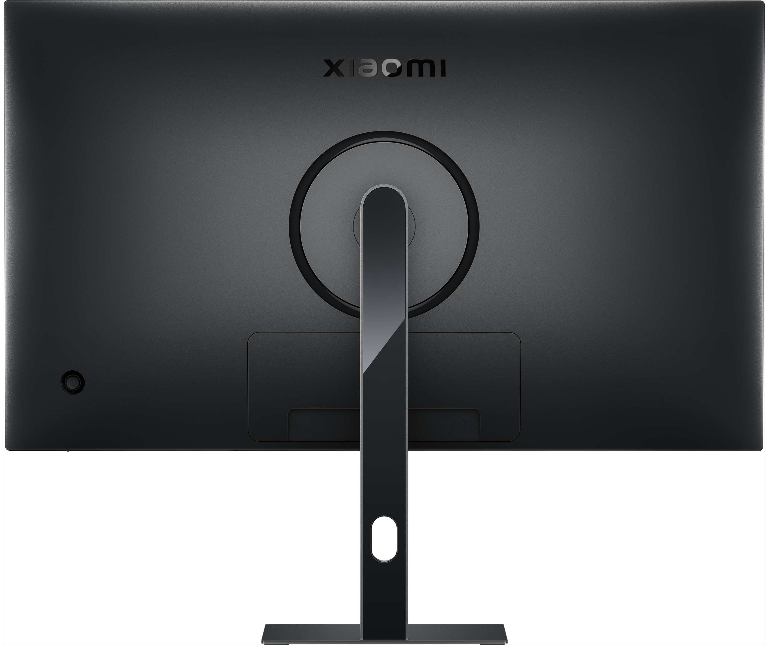 Egy fekete monitor hátulja a Xiaomi logóval fekete háttér előtt.