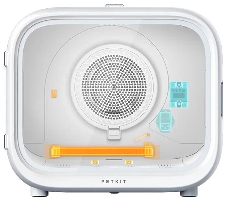 Fehér PETKIT kisállatszárító, belső látható, kiemeléssel, ahol a különböző részek találhatók. Megmutatja a ventilátort és a fűtőelemet.