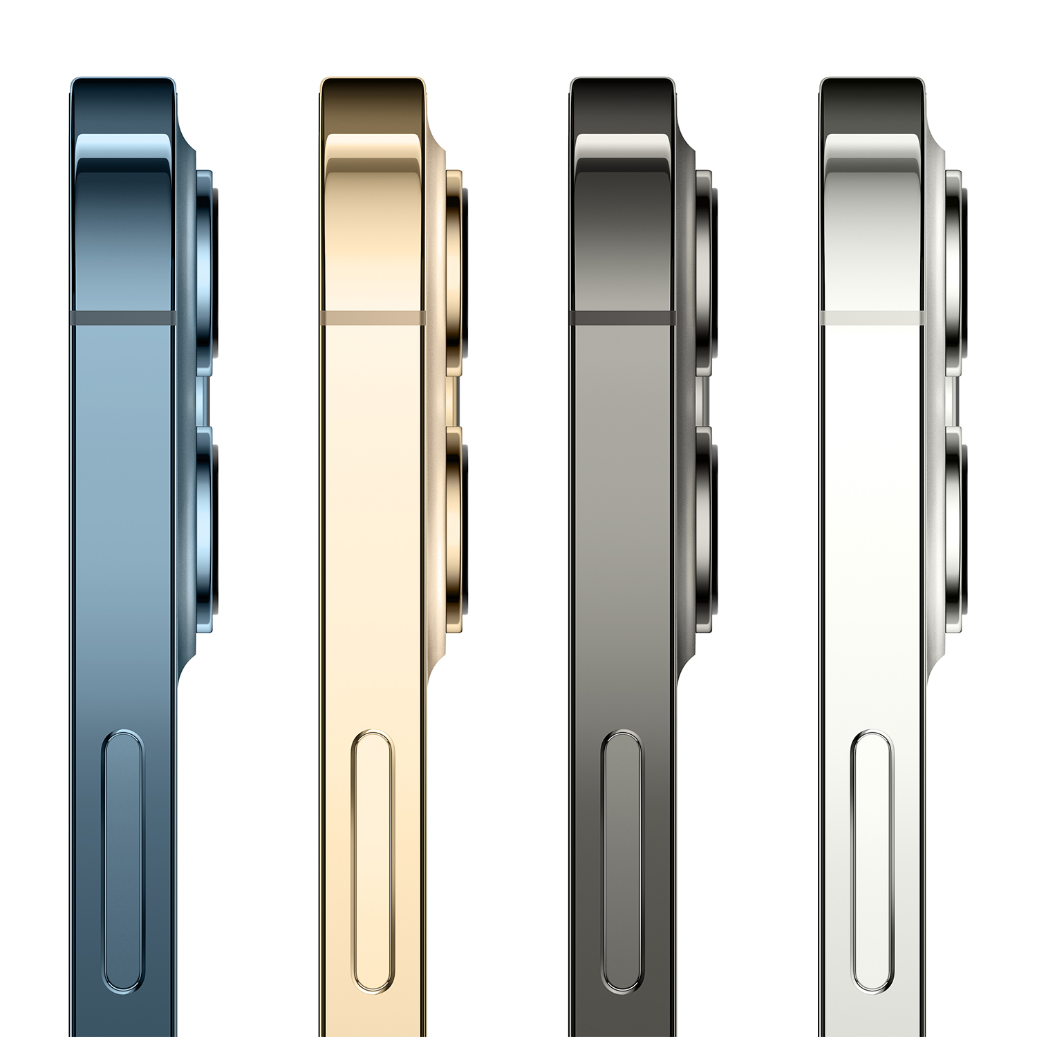 Quattro iPhone in diversi colori: blu, oro, grigio e bianco, vista laterale.