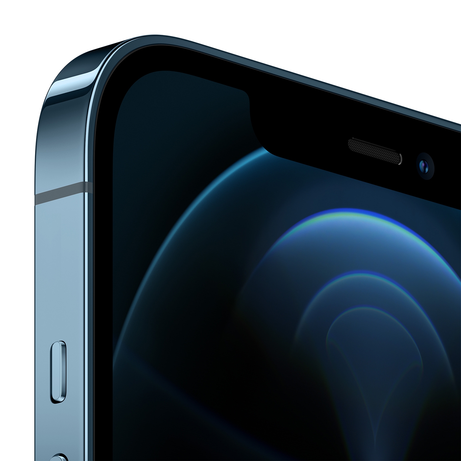 Primo piano di un iPhone blu. Lo schermo è nero e il lato ha un pulsante del volume.