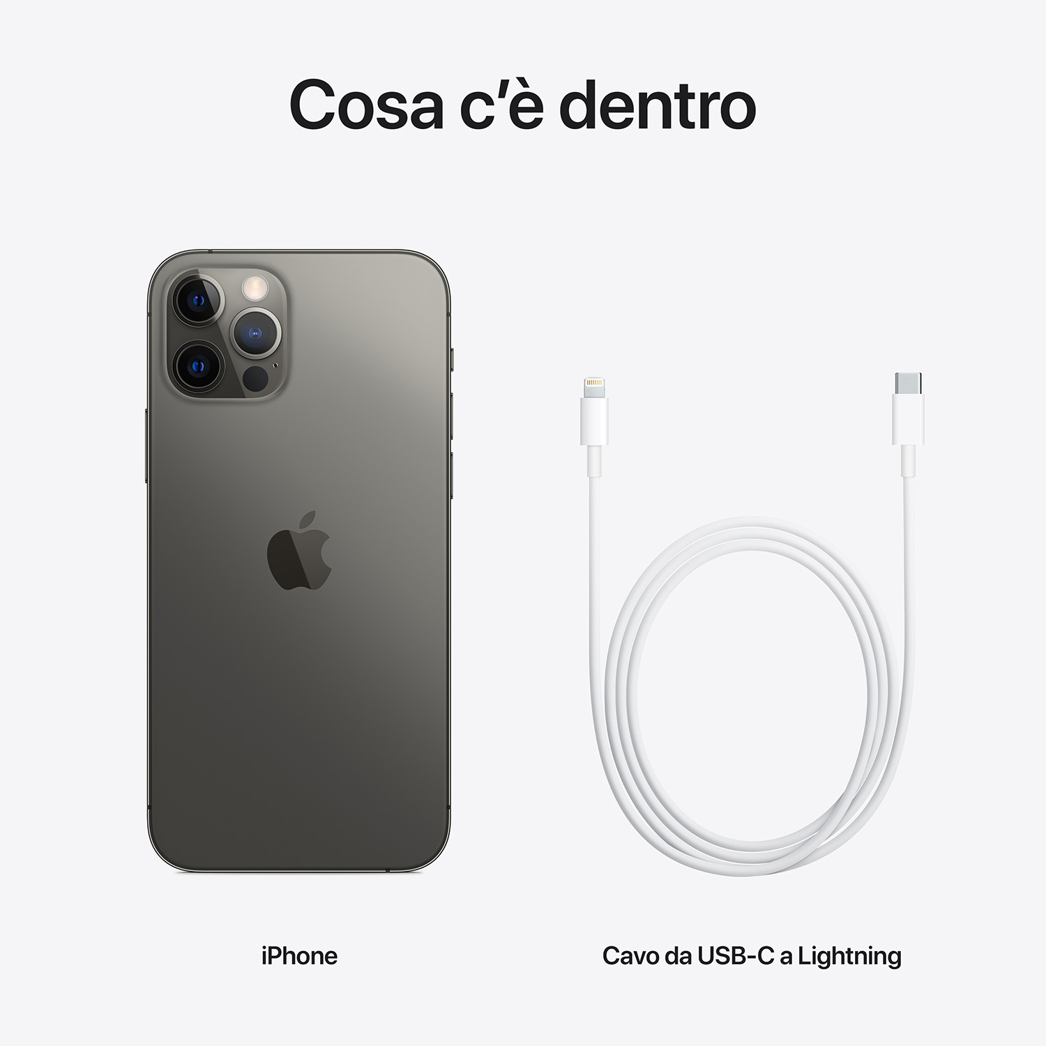 iPhone e cavo USB-C a Lightning bianco, su sfondo bianco.