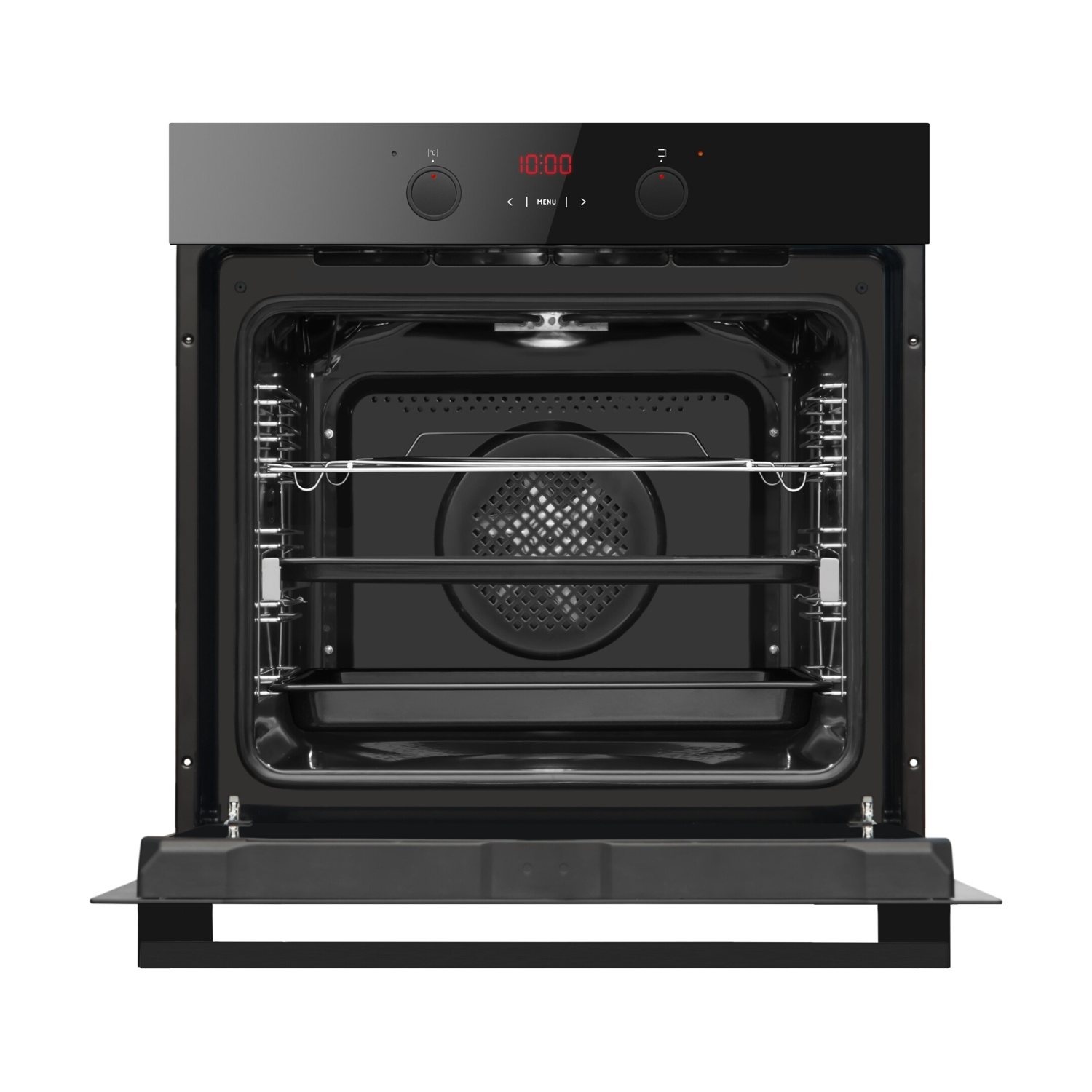 Forno aperto, colore nero, con orario.