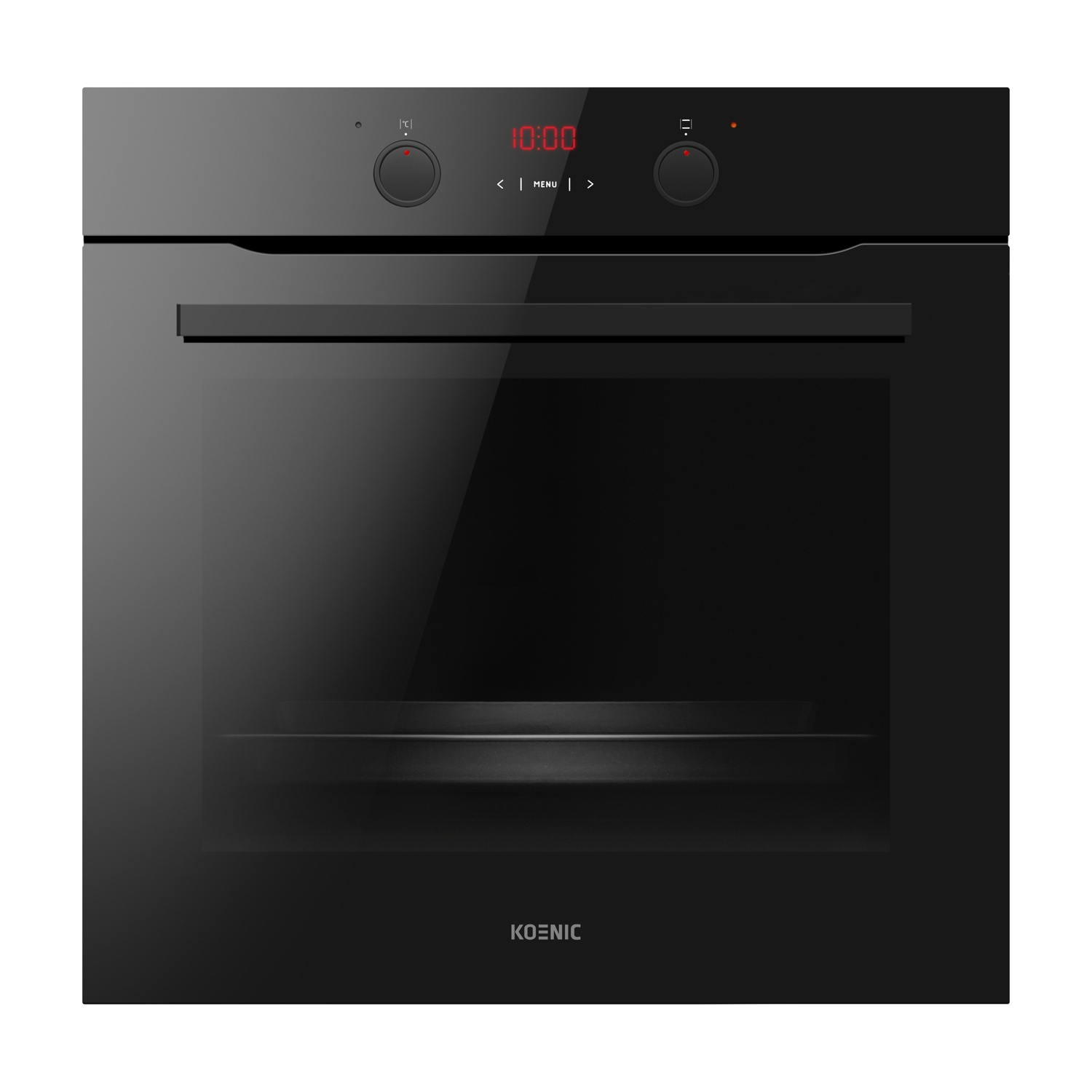 Forno Koenic nero con porta in vetro. Display digitale mostra 10:00. Due manopole per il controllo.