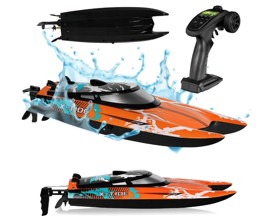 Pomarańczowo-niebieska łódź zdalnie sterowana z akcesoriami, w tym pilotem i rozpryskami wody.