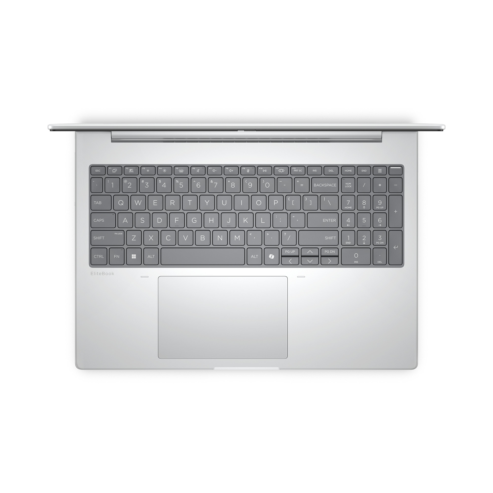 Draufsicht auf einen silbernen Laptop. Tastatur und Trackpad sind sichtbar. Weißer Hintergrund.
