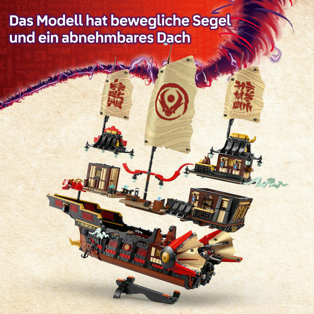 Lego Ninjago Schiffsmodell. Modell hat abnehmbares Dach und bewegliche Segel.