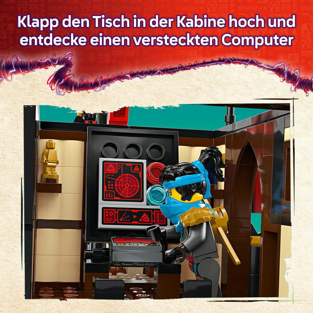 Lego Ninjago Szene. Eine Figur interagiert mit einem Computer.