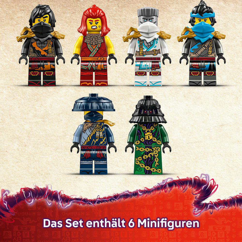 Sechs Lego Ninjago Mini-Figuren. Verschiedene Farben und Designs.