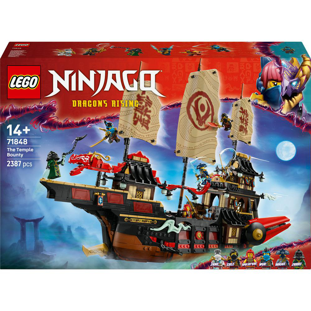 Lego Ninjago Set-Box mit Schiffsmodell. The Temple Bounty. Figuren kämpfen.