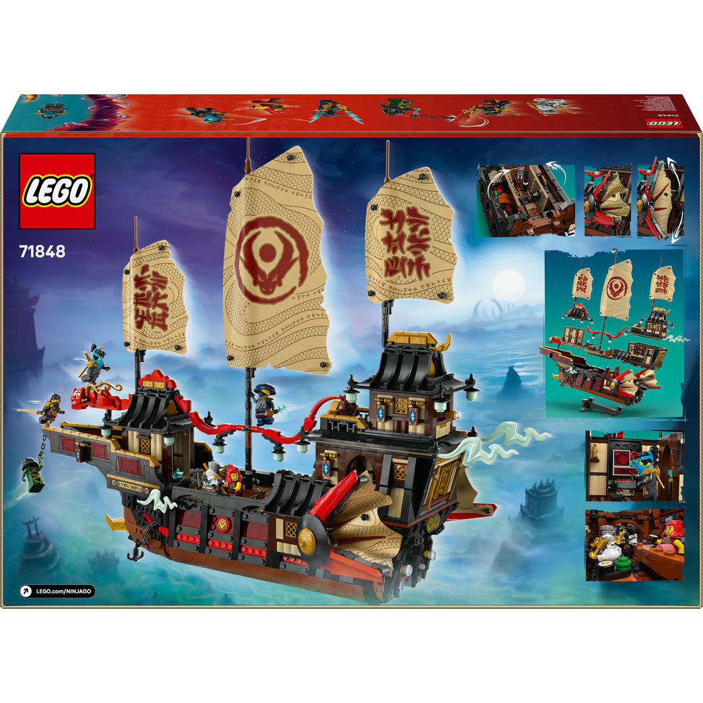 Rückseite der LEGO Ninjago Schiffsbox. Mit Schiffsmodell, Minifiguren und Boxdetails, Setnummer 71848.