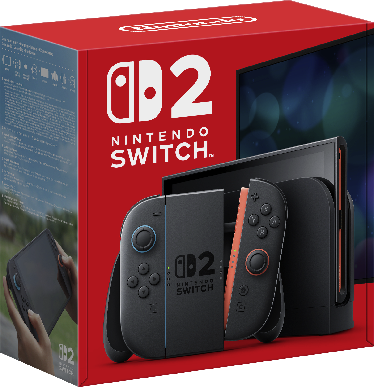 Nintendo Switch Konsole und Controller in roter Box. Controller sind grau mit blauen und orangenen Akzenten.