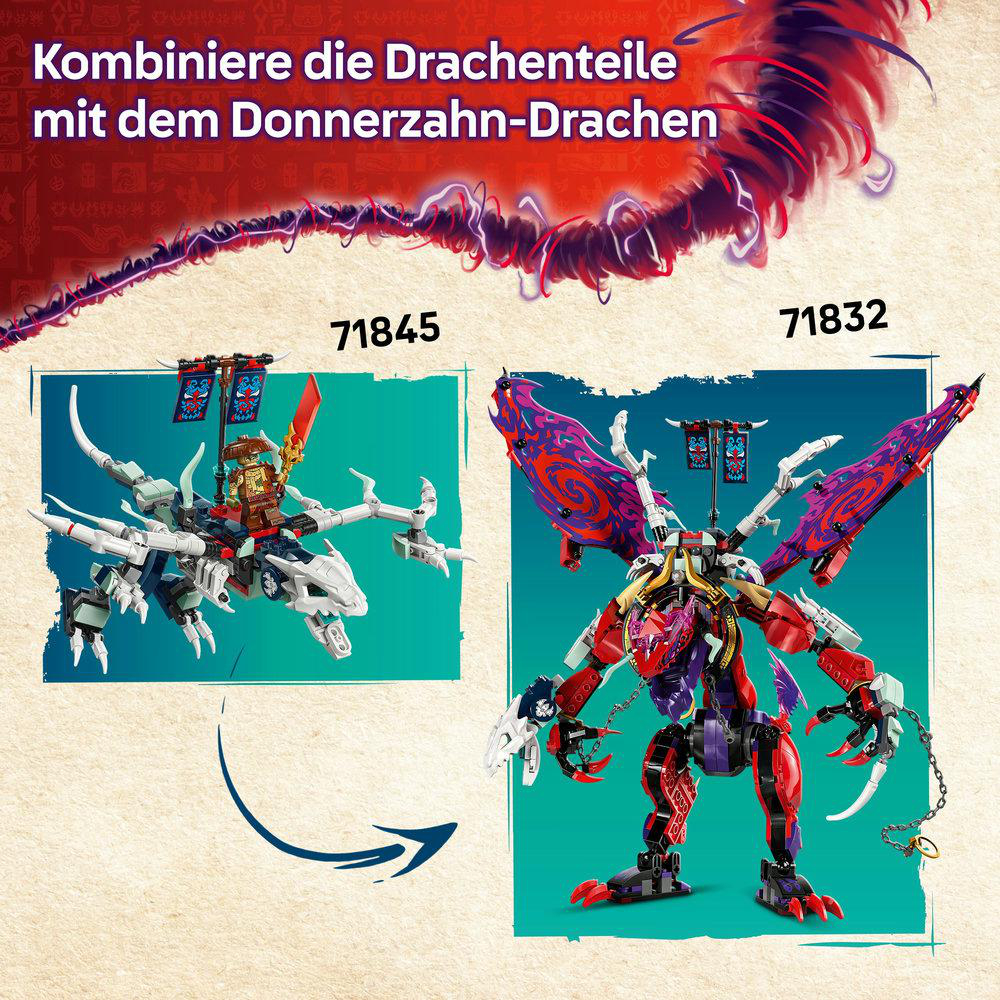 Zwei LEGO Ninjago Bauten: ein Drache mit Reiter und ein größerer Drache. Pfeile zeigen die Kombination.
