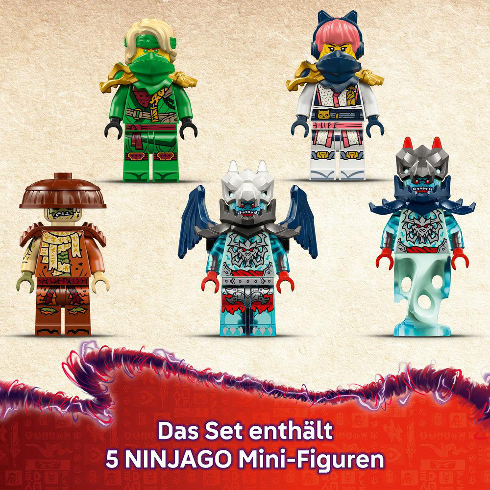 Fünf LEGO Ninjago Minifiguren, die verschiedene Ninja-Charaktere mit einzigartiger Rüstung zeigen.