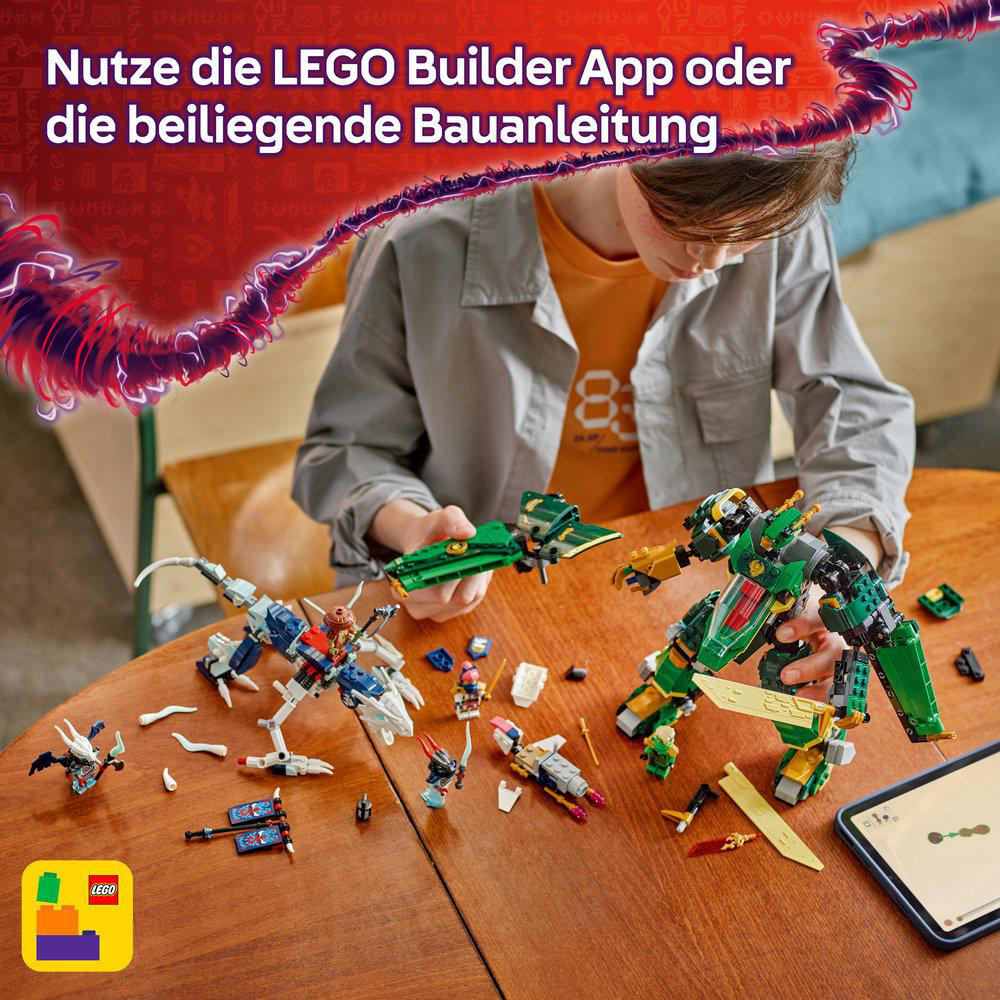 Ein Junge baut ein LEGO-Set mit mehreren Figuren. Anweisungen und ein Tablet liegen auf dem Tisch.