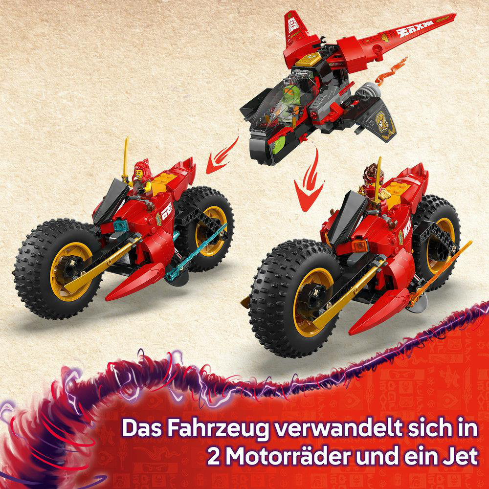 LEGO Ninjago Set, das zeigt, wie sich das Fahrzeug in zwei Motorräder und einen Jet verwandelt.