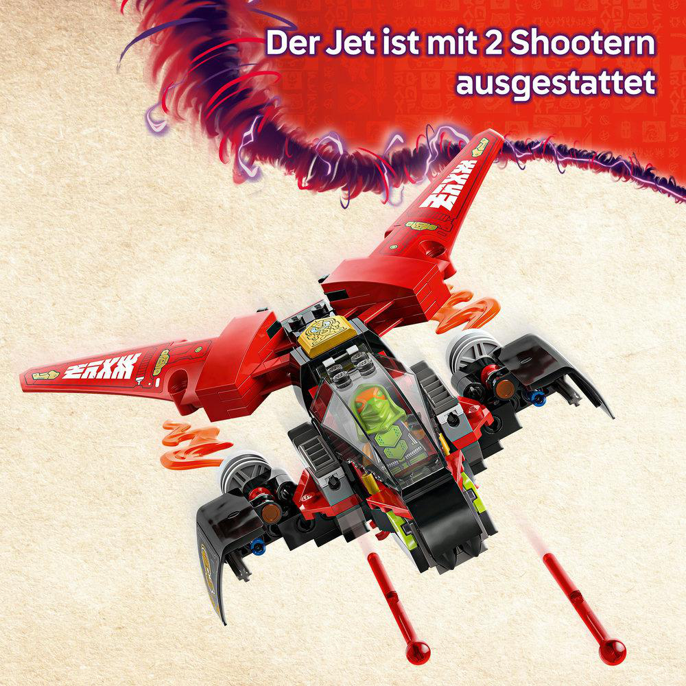 Ein roter Jet, ein LEGO-Modell, mit zwei roten Laserstrahlen. Text: Der Jet ist mit 2 Shootern ausgestattet.