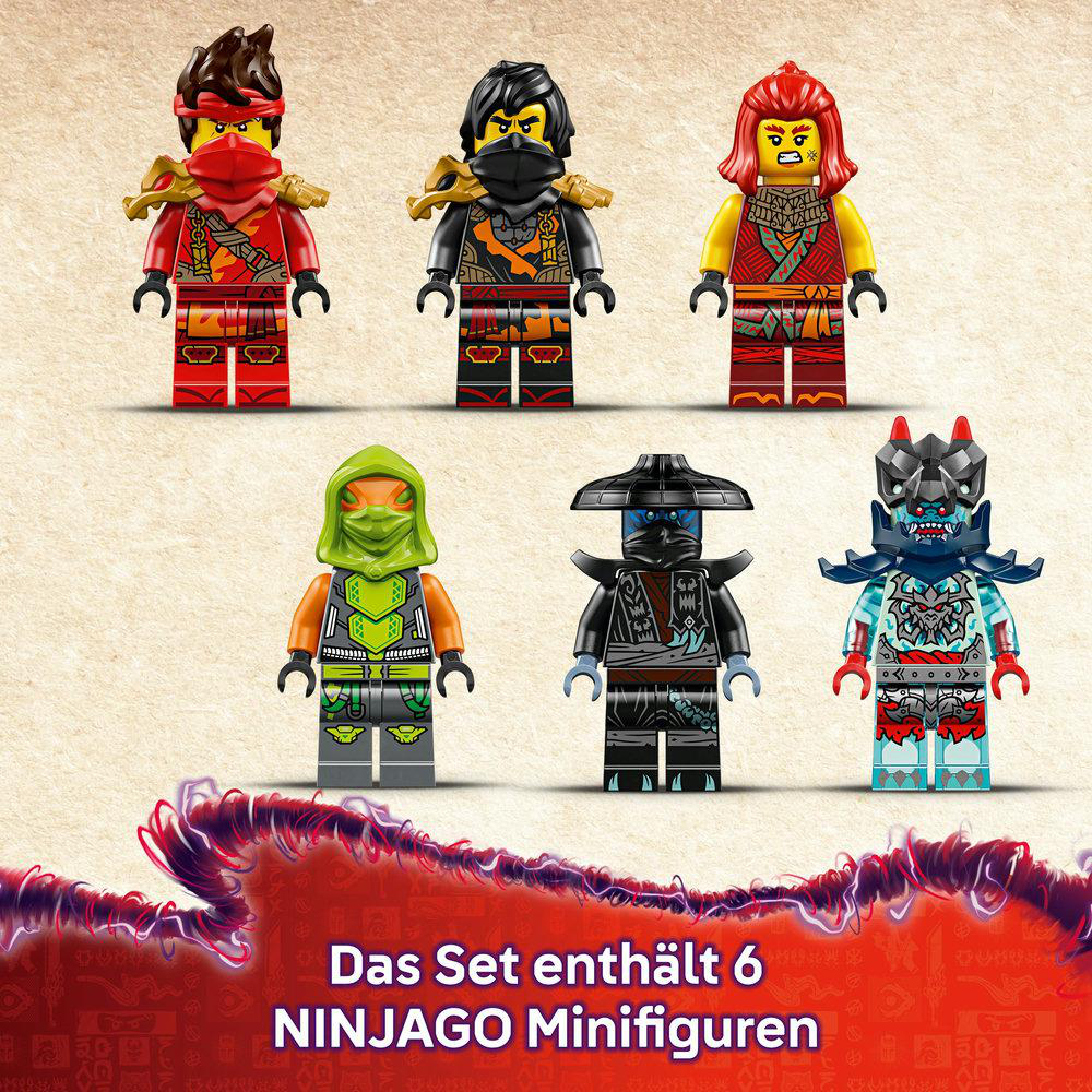 Sechs Lego Ninjago-Minifiguren stehen in einer Reihe. Jede hat ein einzigartiges Kostüm mit verschiedenen Farben und Accessoires.