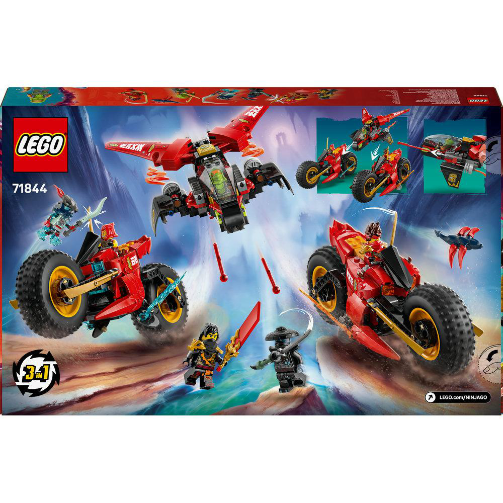 Ein Lego Ninjago Set Karton zeigt verschiedene rote und schwarze Fahrzeuge mit Minifiguren in einer Fantasieszene.