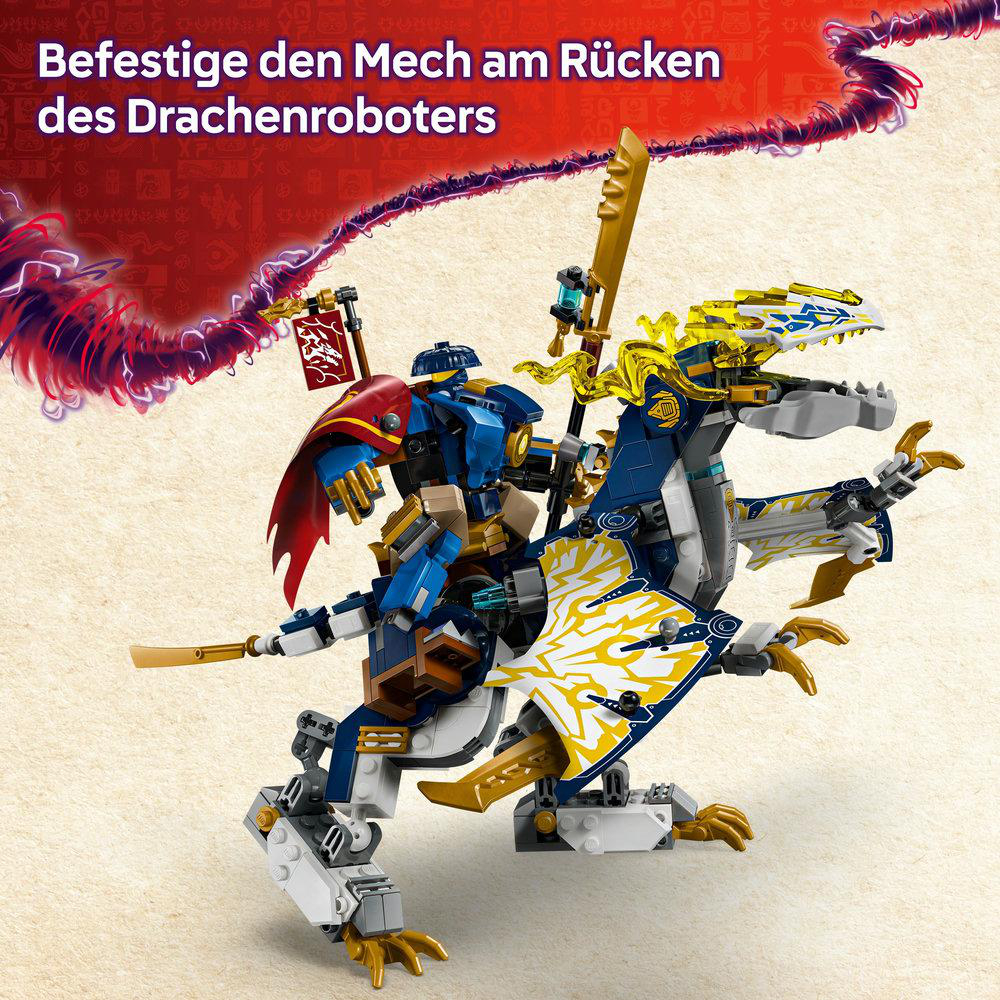 Ein Lego Drachen-Mech mit blauem und goldenem Farbschema. Eine Minifigur reitet darauf, mit Umhang und Schwert.