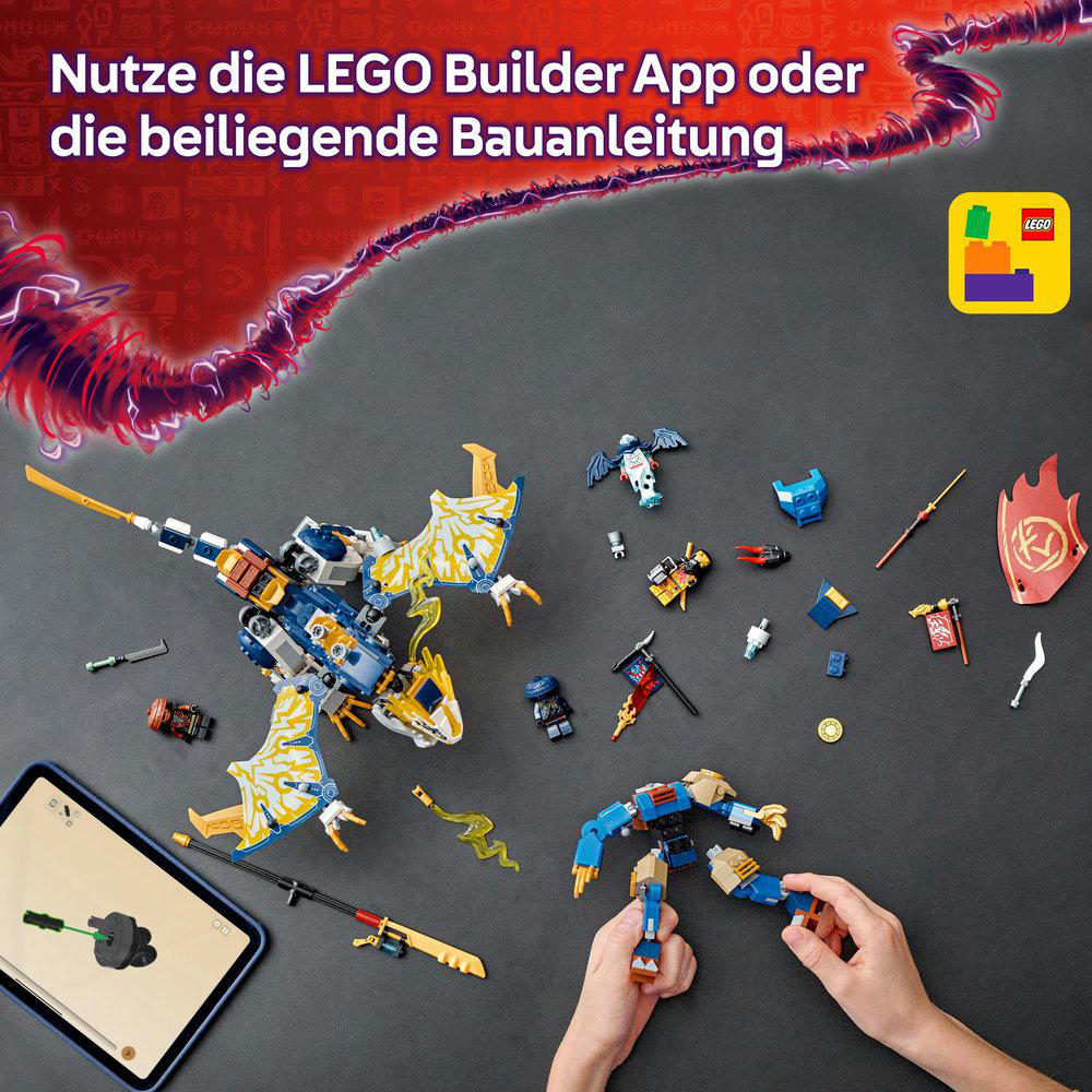 Ein Tisch mit einem Lego Drachenmodell und seinen Teilen. Ein Tablet und Anweisungen liegen zur Seite.