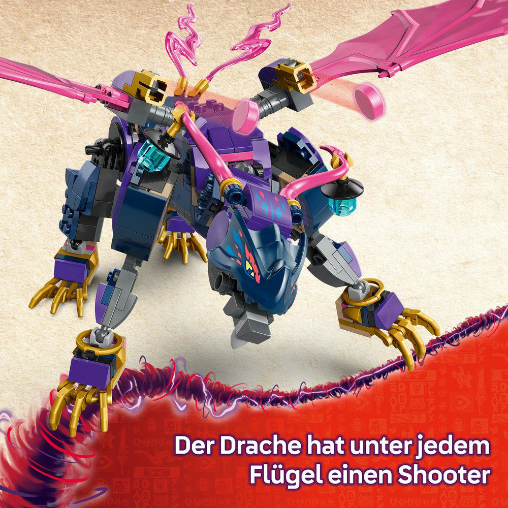 Ein Lego Drachenspielzeug mit rosa Flügeln und blauem Körper. Der Drache hat Shooter unter jedem Flügel.