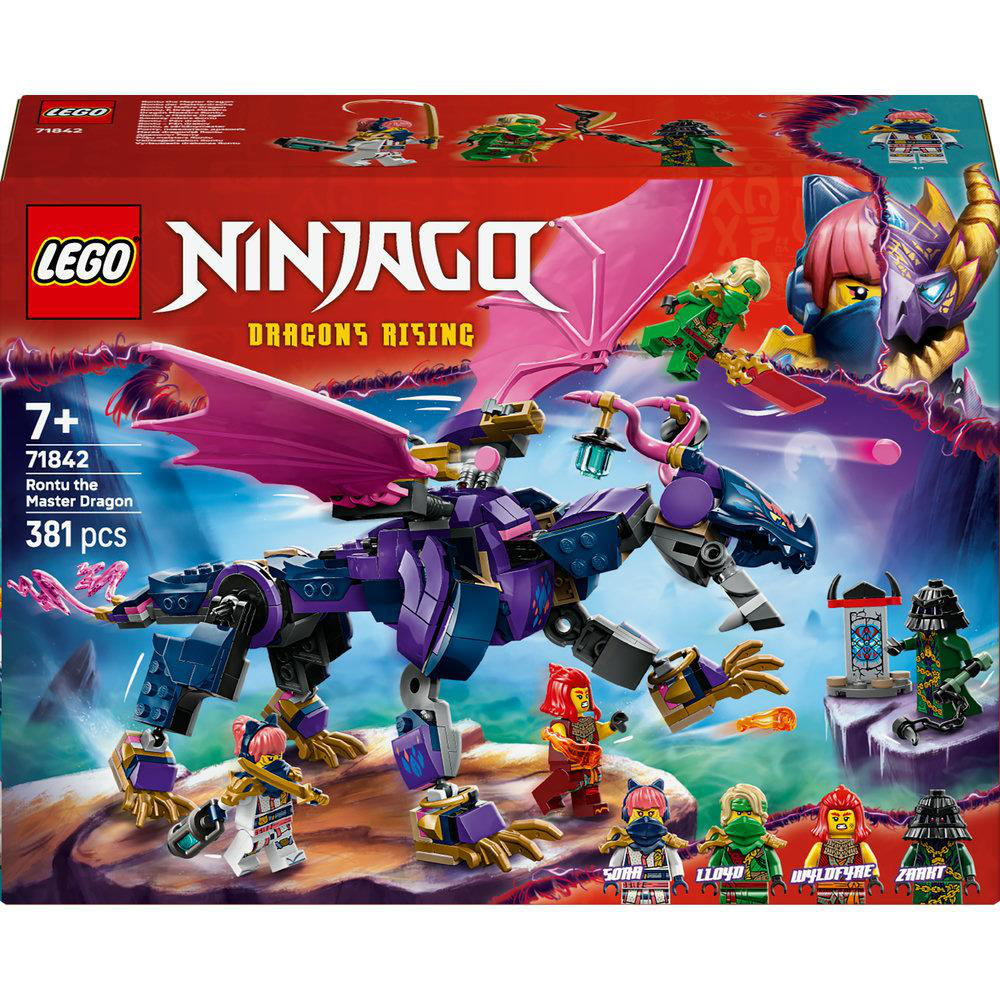 Lego Ninjago Set-Box mit einem Drachenspielzeug, verschiedenen Minifiguren und einer Hintergrundszene.