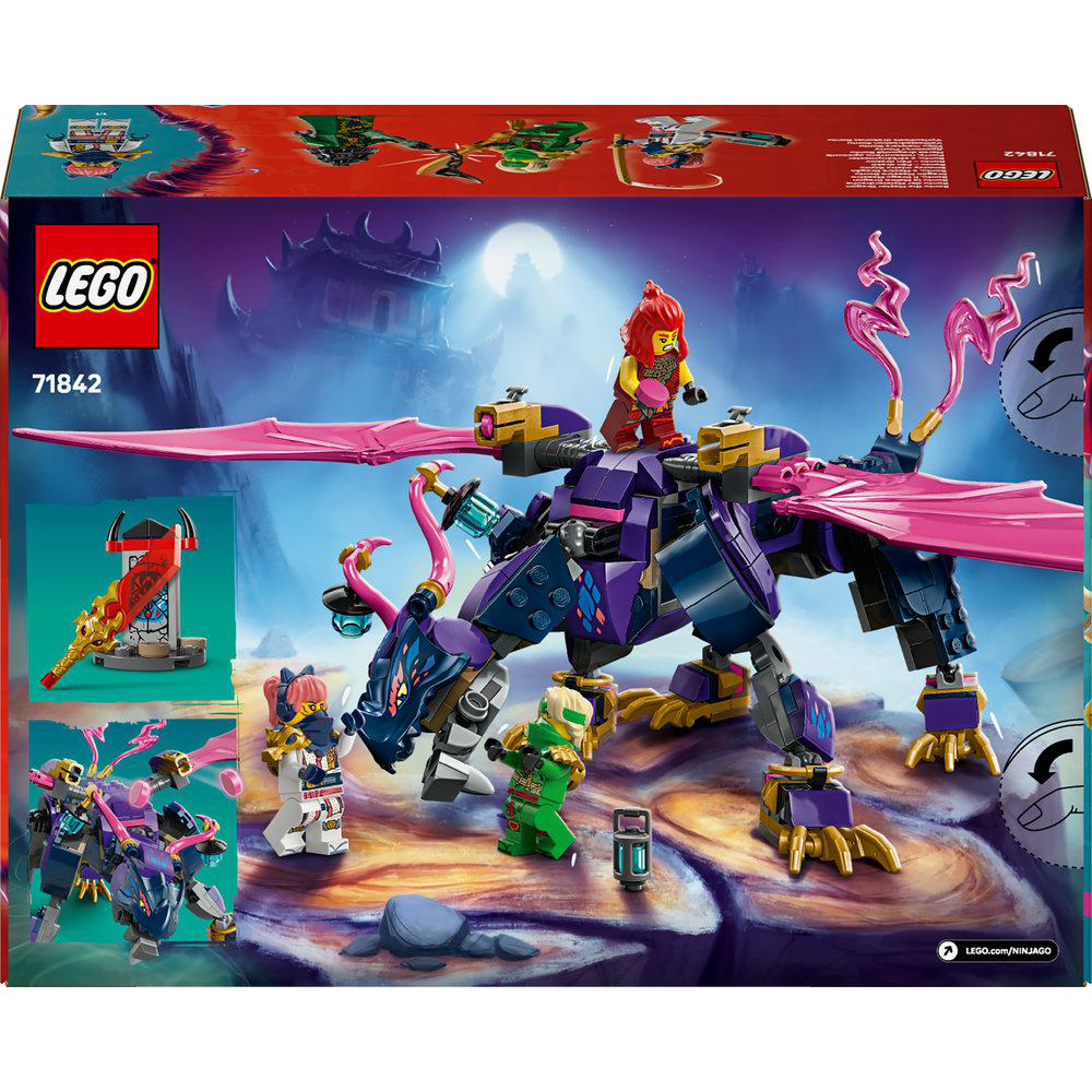 Rückseite der Lego Ninjago Set-Box mit einem Drachenspielzeug, Minifiguren und einer Hintergrundszene.
