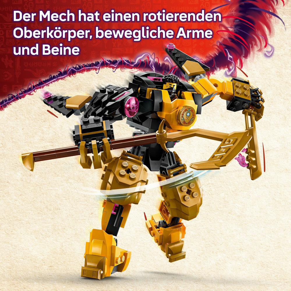 Lego Mech-Spielzeug mit rotierendem Oberkörper, beweglichen Armen und Beinen. Gelb und Schwarz.