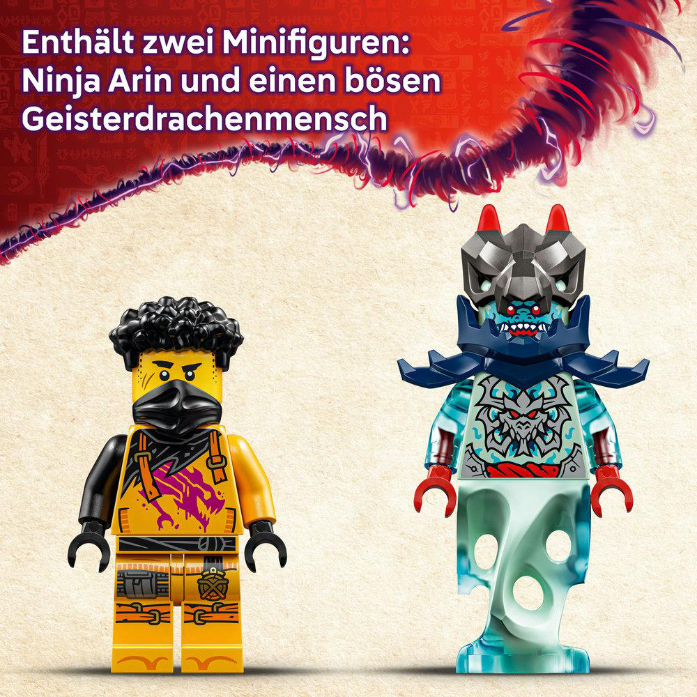 Zwei Lego-Minifiguren: Ninja Arin und eine Geisterdrachenperson, detailliert und farbenfroh.