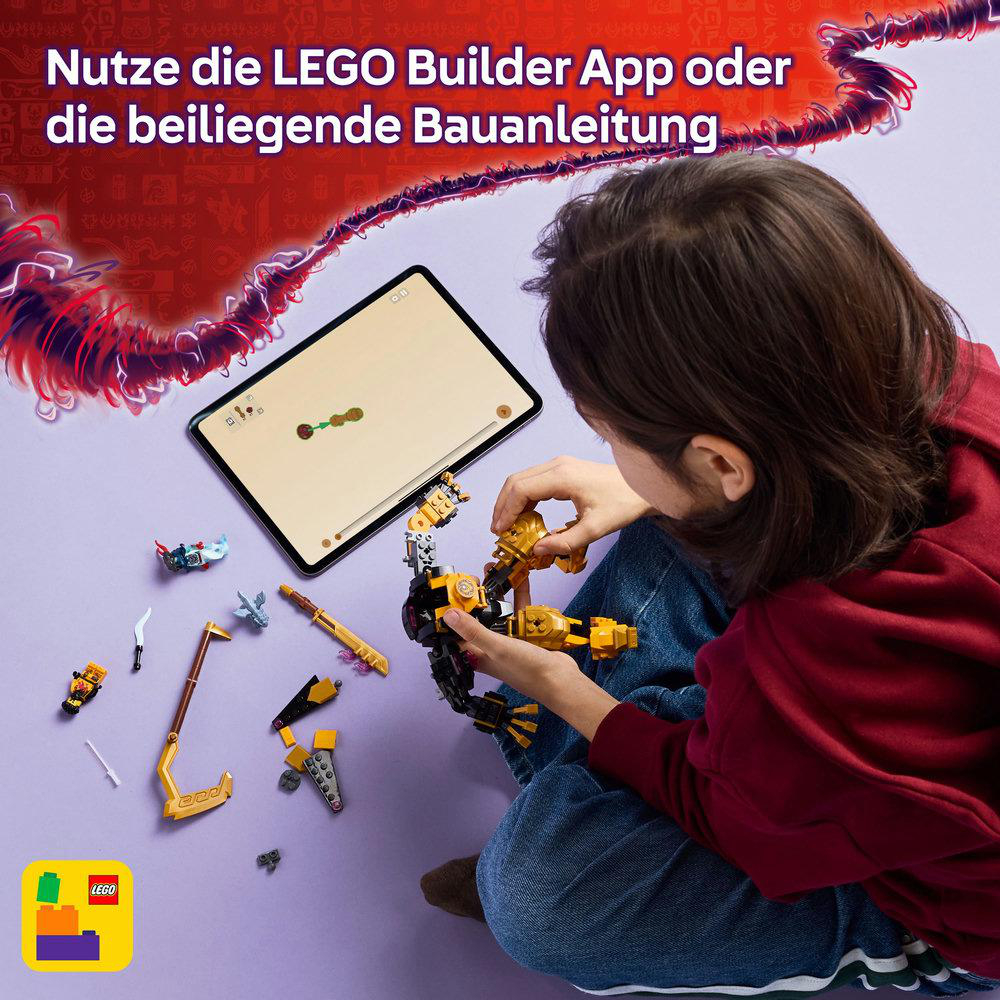Ein Mädchen, das ein Lego-Mech-Spielzeug zusammenbaut, mit einem Tablet, das Anweisungen zeigt.
