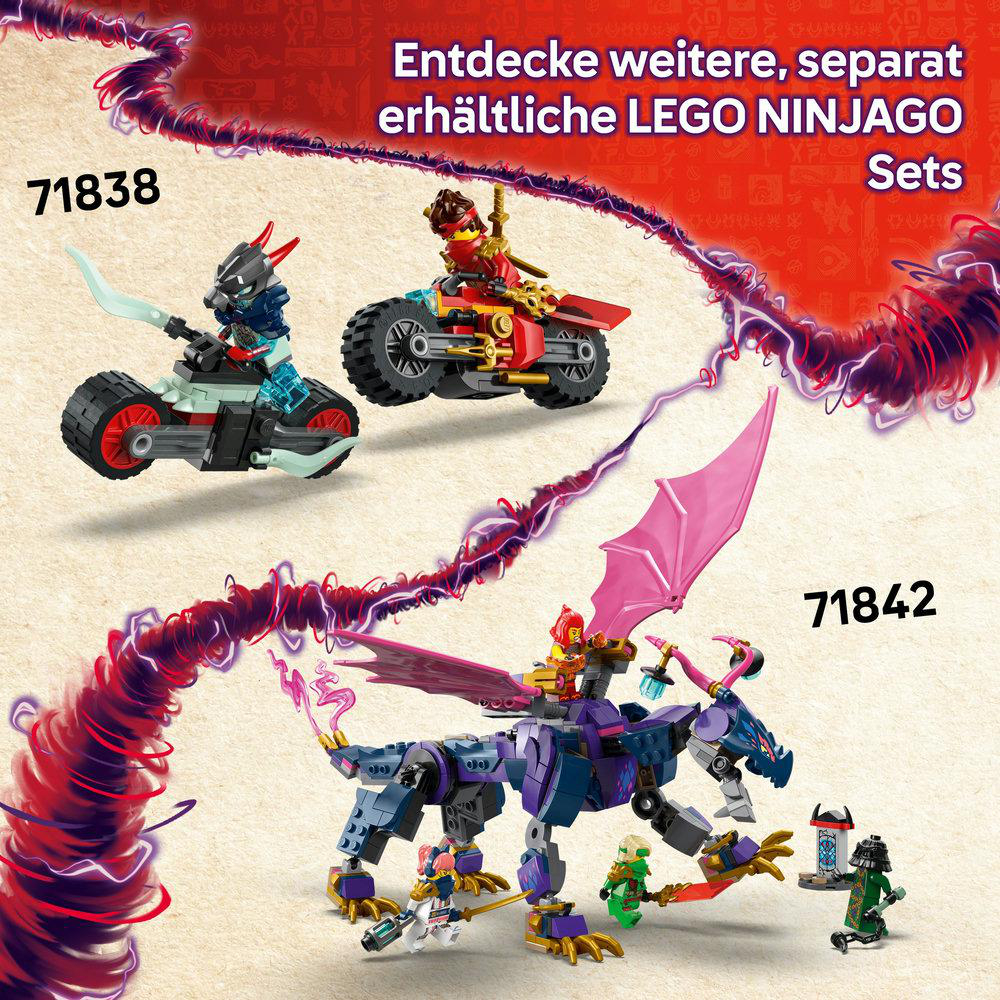Lego Ninjago Sets: ein schwarzes Motorrad mit Ninja, ein rotes Motorrad und ein lila Drachenspielzeug.
